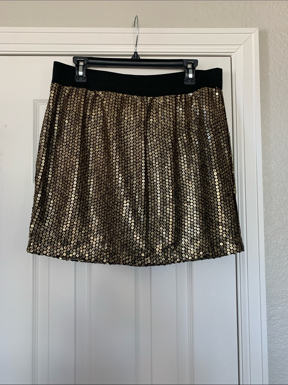 Apostrophe Gold Sequin Mini Skirt with Black Waistband